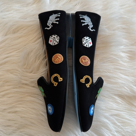 Nicky Hilton x French Sole Lucky Embroidered Black Suede Flats Size 6 - Picture 10 of 15